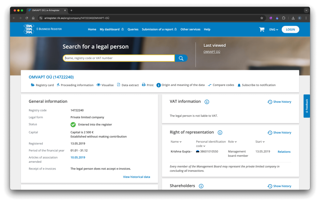 omvapt estonian business registry